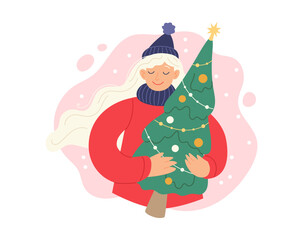Woman holding Christmas tree. Festive winter concept. Vector illustration in simple style