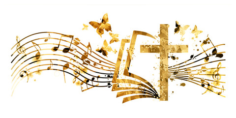 Golden christian cross with music notes isolated vector illustration. Religion themed background. Design for gospel church music, choir singing, concert, festival, Christianity, prayer	