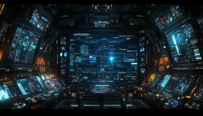 futuristic control room filled with advanced technology and glowing screens, showcasing high tech environment. atmosphere is immersive and dynamic, perfect for sci fi themes