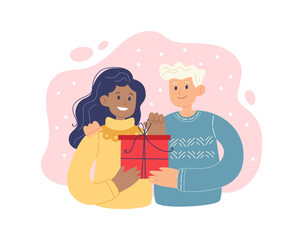 Young happy couple opening a gift. Christmas presents concept. Vector illustration in simple style