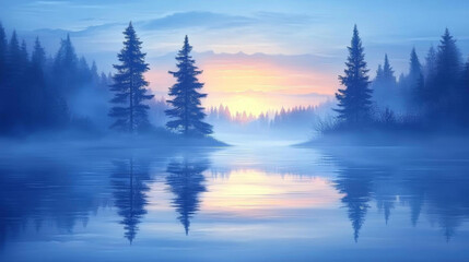 Obraz premium serene landscape at sunrise with misty reflections on water, surrounded by tall trees, creating tranquil atmosphere