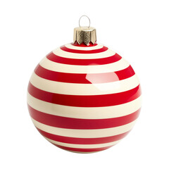 Christmas ornament with red and white stripes, showcasing a shiny surface and a festive design isolated on white background, perfect for holiday decorations.