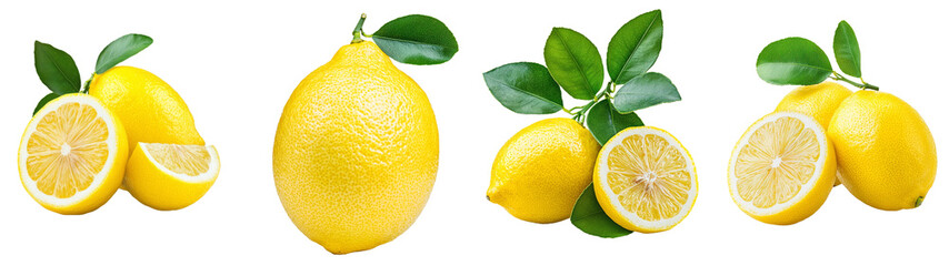 Yellow lemon citrus fruit stand isolated on transparent background with ripe wedges