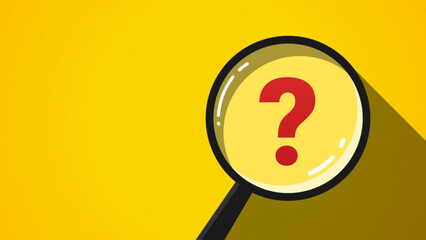 Red question mark with magnifying glass isolated on yellow background. Concept of Question and Answer and solutions in solving problems. Illustration of looking for answers