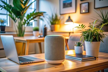 Cozy Home Office with Smart Speaker, Modern Decor, Low Light Atmosphere, Productivity Space, Technology Integration, Ambient Lighting, Minimalist Design, Work From Home Setup