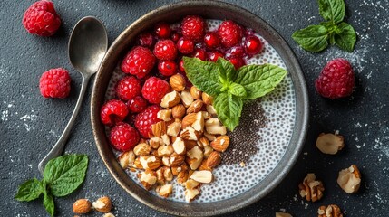 Nutritious plantbased breakfast chia pudding with berries and nuts