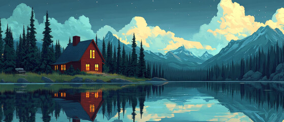 Fototapeta premium tranquil lakeside cabin surrounded by tall trees and mountains, reflecting beautifully in calm water under starry sky. warm glow from windows adds cozy touch