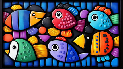 Obraz premium Colorful fish mural featuring vibrant designs and playful patterns, showcasing variety of shapes and colors that create lively underwater scene