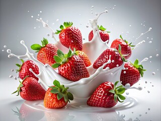 Double Exposure Delight: Fresh Strawberries Splashing in Milk for a Whimsical Culinary Art Experience