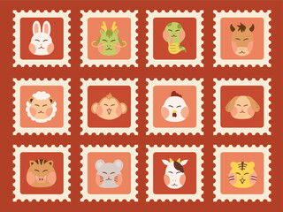 Cute hand drawn chinese new year sticker pack stamps 12 chinese zodiac rabbit dragon snake ox goat sheep lamb monkey chicken dog boar pig mouse rat cow tiger