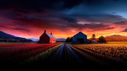 Fototapeta premium A stunning sunset sky enriches the colors of a farm landscape, with red barns and vibrant fields, creating a picturesque and serene rural atmosphere.