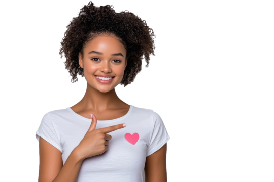 Young Argentinian woman pointing to the side to present a product on an isolated background