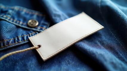 Blank woven label tags on blue denim fabric, ideal for fashion branding and logo mockups.
