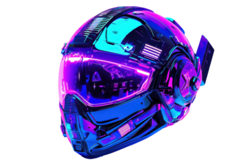 Futuristic neon helmet with intricate design, glowing in vibrant purple and blue tones, showcasing advanced technology and innovation.