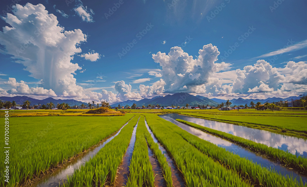 Poster Field of rice with a river running through it
