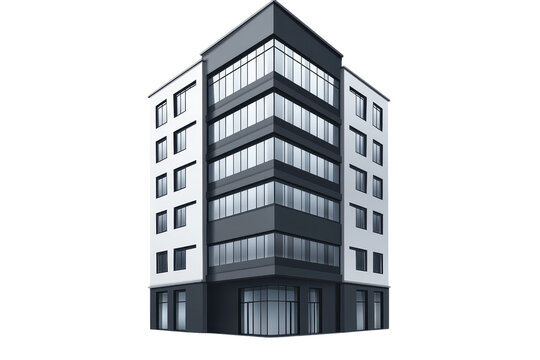 Modern multi-story office building with large windows, sleek design, and a contemporary architectural style, ideal for corporate use.