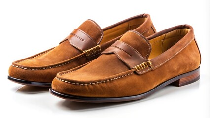 Fototapeta premium Elegant Brown Suede Loafers on White Background - Perfect for Fashion Shoots, Product Displays, and E-Commerce, Highlighting Style and Comfort in Footwear Photography
