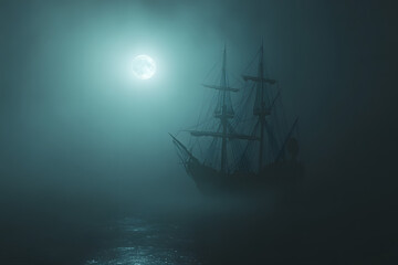 Ghostly Pirate Ship Emerging from Fog under Moonlight  