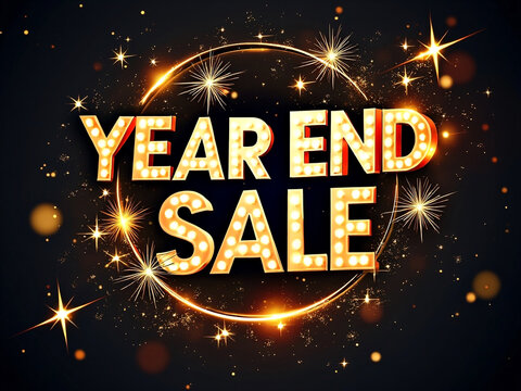 Fancy and flashy year-end sale promotional sales banner with gold stars and illuminated text for business