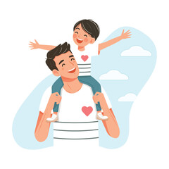 Happy father day. Smiling son is sitting on the father's shoulders on white background with clouds. Vector illustration in flat cartoon style