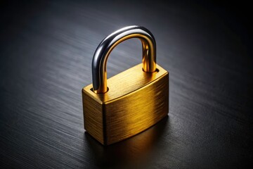Naklejka premium Elegant Golden Padlock Close-Up on Dark Background, Showcasing Intricate Details and Luxurious Design, Captured by Drone Photography for Stunning Visual Impact