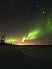 Fantastic Aurora borealis or northern lights with starry glowing in the night sky on Arctic circle 
