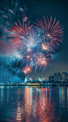 Fototapeta premium Festive fireworks in the night sky at a celebration event in honor of an anniversary or new year