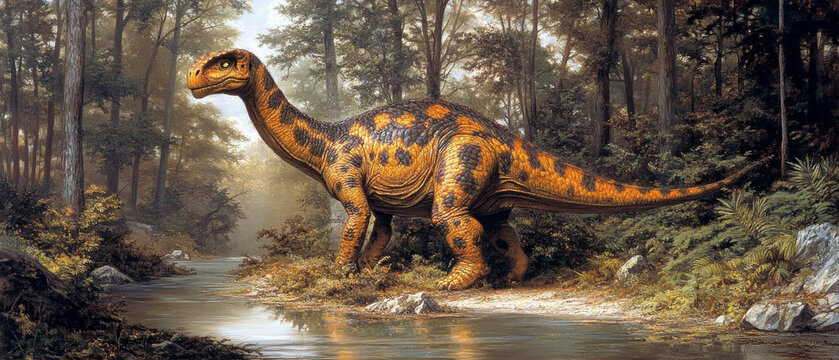 majestic dinosaur stands by serene river in lush forest, showcasing its vibrant orange and black spotted skin. tranquil environment enhances prehistoric atmosphere