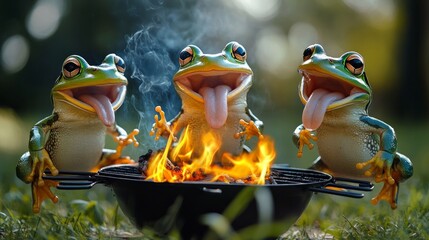Three frogs enjoying barbecue grill in nature