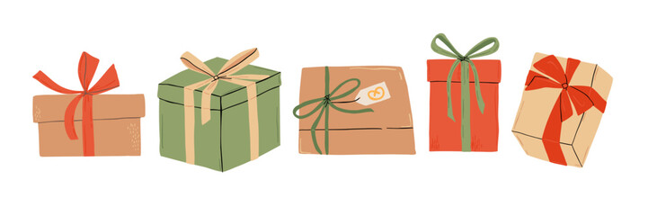 A set of gift is drawn in a flat style. Christmas, holidays, gifts. Hand drawn vector illustration.
