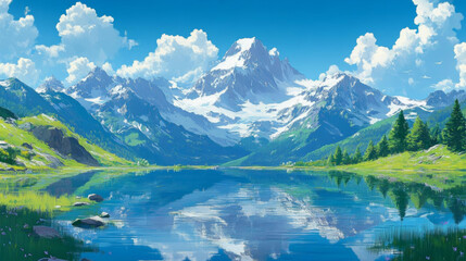 Fototapeta premium breathtaking digital art landscape featuring majestic mountains, lush greenery, and serene lake reflecting vibrant blue sky and fluffy clouds