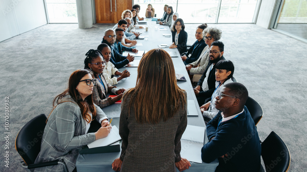 Wall mural Female leader addressing business team in boardroom meeting