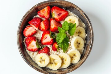 Image of Semolina porridge bowl with banana and strawberry. Professional photo for food blog