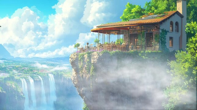 landscape coffee shop on a hill with views of waterfalls and mountains. Seamless looping time-lapse virtual 4k video animation background