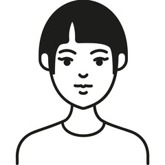 Simple Black and White Line Drawing of a Young Woman With Short Hair, Facing Forward With a Neutral Expression