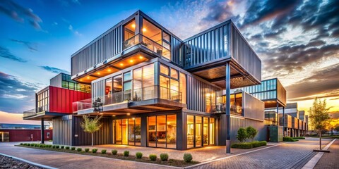 Obraz premium Contemporary Shipping Container Architecture: A Documentary Perspective on Modern Metal Buildings and the Innovative Use of Neural Network AI in Art Creation