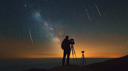 Fototapeta premium A lone traveler sets up a camera to capture a meteor shower on a night of stars, as they beautifully streak across the sky