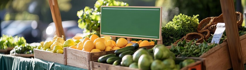 Organic market stall with Green Monday sign, fresh produce and ecofriendly items, vibrant and inviting