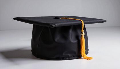 Black graduation bonnet with yellow tassel on a light background