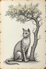 Illustration of a cat sitting gracefully under a tree with foliage in a vintage sketch style concept