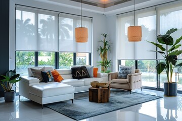 image of Interior roller blinds are installed in the living room, featuring white colored roller shades on the windows. Within the same room, there are also a houseplant and a sofa present.