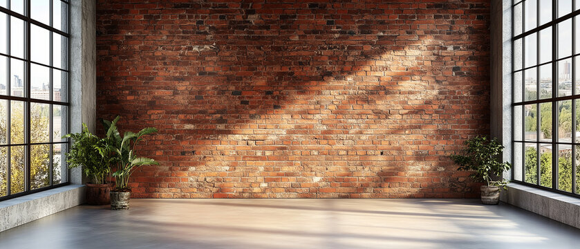 Empty Room with Brick Wall and Windows.