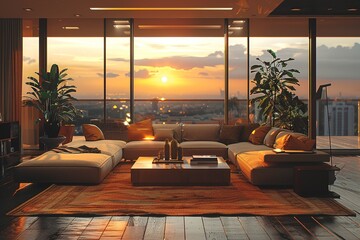 image of luxury living room, animated virtual backgrounds, stream overlay loop, sofa cozy interior golden hour sundown, vtuber asset twitch zoom OBS screen, anime chill aesthetic