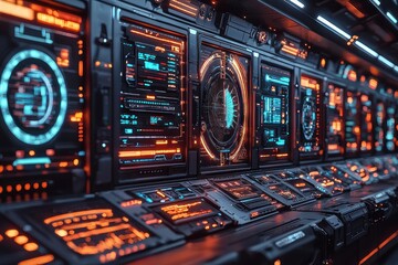 Obraz premium Futuristic Control Panel with Glowing Orange and Blue Interfaces