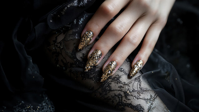 gros plan sur une main de femme qui montre ses ongles recouverts de vernis noir et dor&eacute; avec motifs diff&eacute;rents sur chaque ongle, sa main est pos&eacute; sur sa cuisse recouvert d'un collant noir