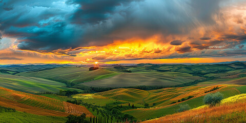 Rolling hills under a dramatic sunset sky.Rolling Hills Under a Dramatic Sunset Sky


