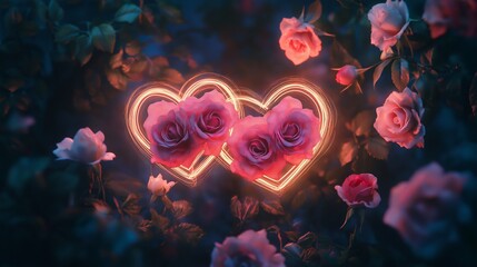 Romantic glowing hearts encircled by vibrant roses, symbolizing love and connection. AI generated