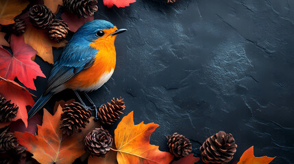 Fototapeta premium Colorful Bird with Autumn Leaves and Pine Cones on Dark Background