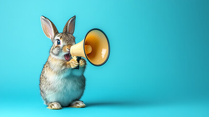 Cute Rabbit Shouting Through a Megaphone on Blue Background