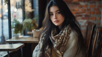 A young woman with long hair sits in a cozy café, wrapped in a scarf, gazing thoughtfully.
